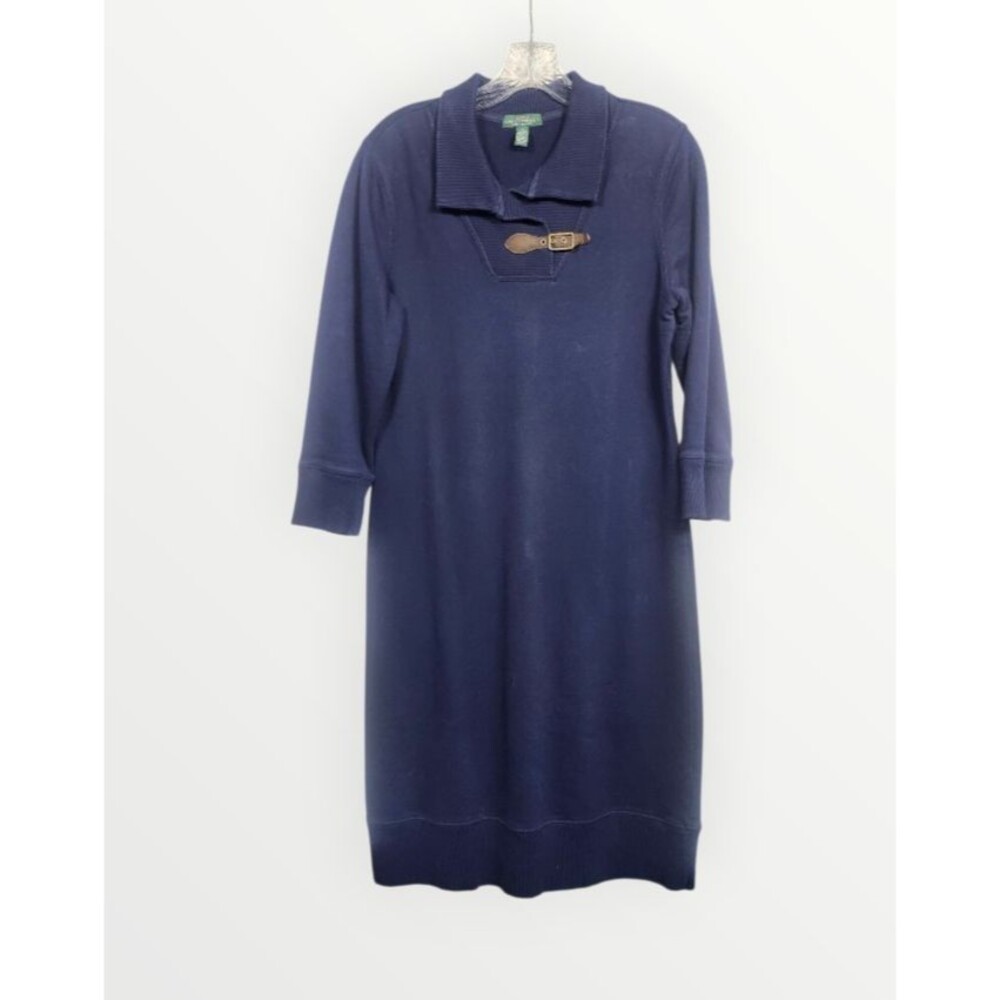 Lauren Ralph Lauren Knit Buckle Trim Sweater Dress Cotton Navy Size‎ M *Read